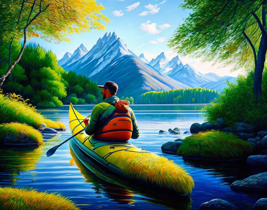 Kayaker on calm lake with green trees and snow-capped mountains