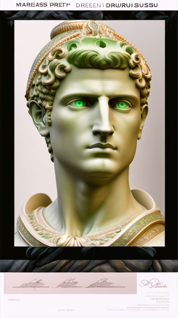 Classical statue bust with green eyes and elaborate headgear in decorative frame