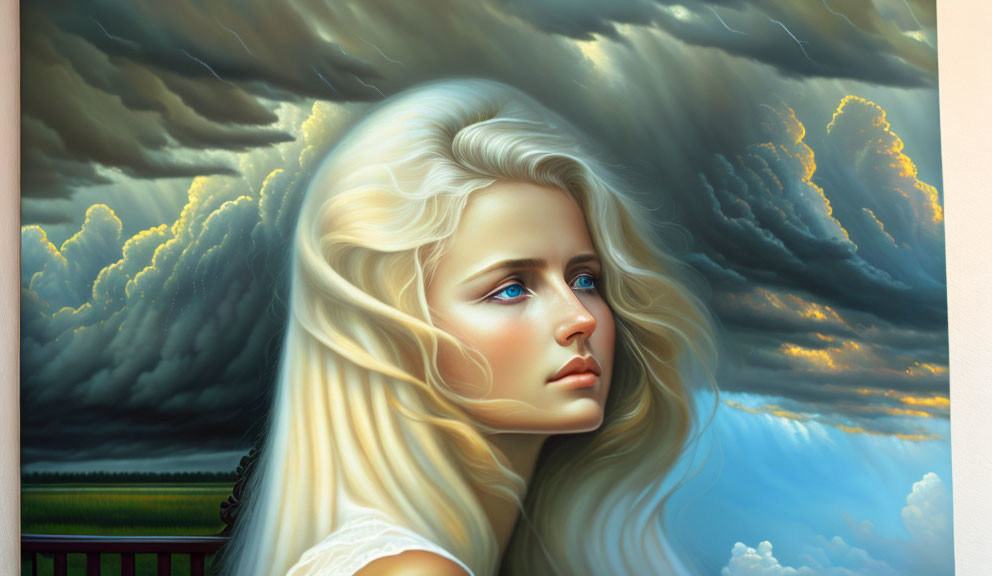 Blond-haired woman in digital art with blue eyes and dramatic sky