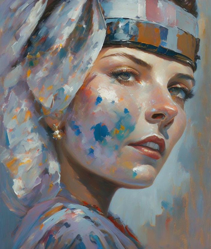 Colorful Paint Splattered Woman Portrait with Headband and Serene Expression