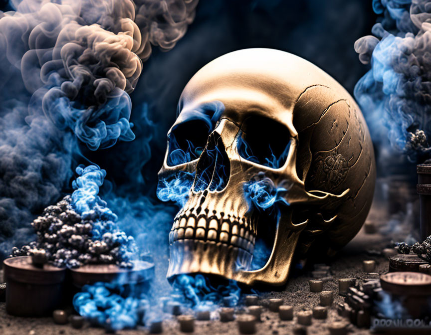 Golden Skull with Blue Smoke and Barrels in Ethereal Setting