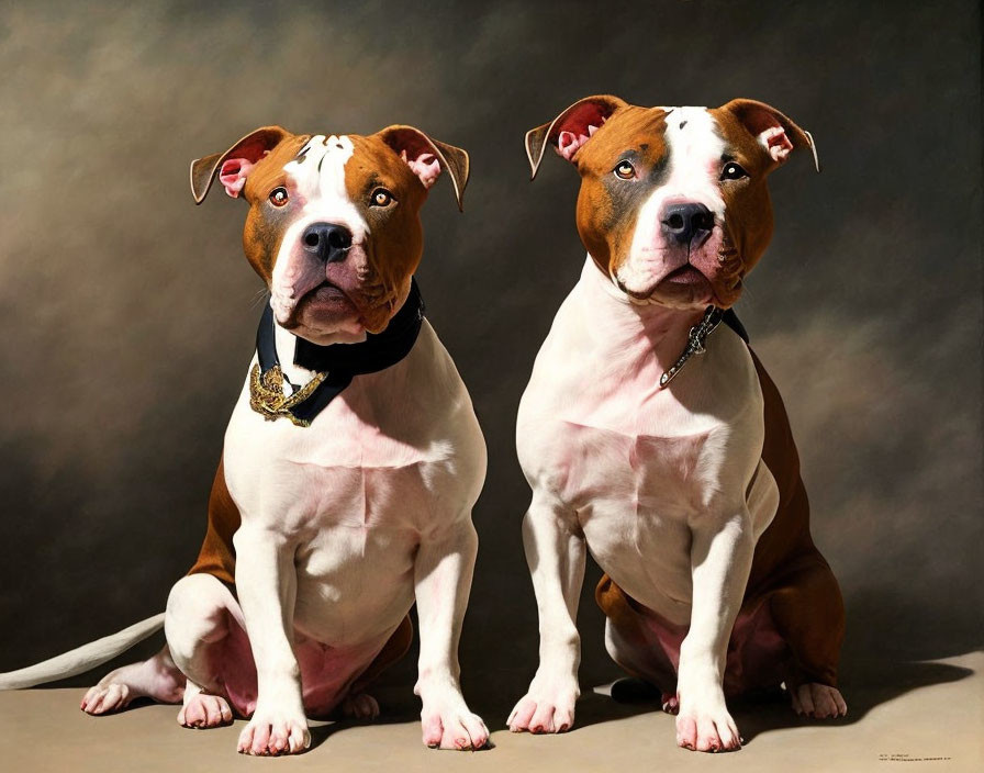 American Staffordshire Terriers with Different Collars on Neutral Background