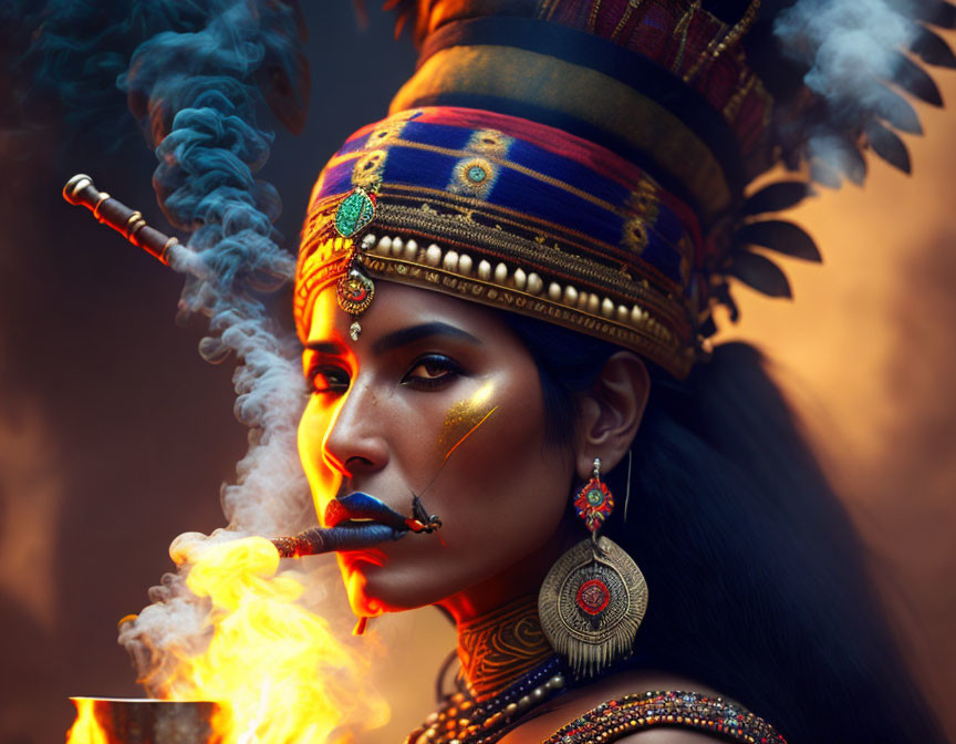 Woman in ornate headdress smoking pipe with dramatic lighting and jewelry.