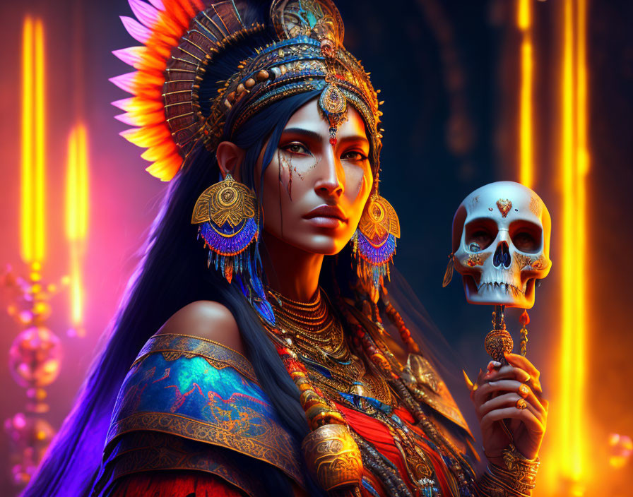 Person in Tribal Attire Holding Skull on Colorful Background