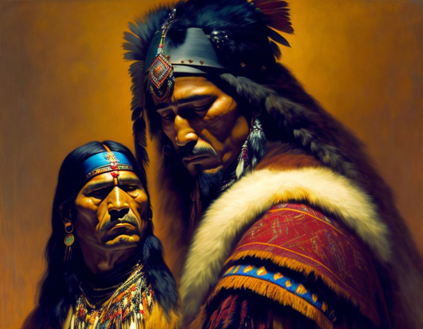 Native American men in traditional attire with feathered headdresses and beaded jewelry against warm backdrop