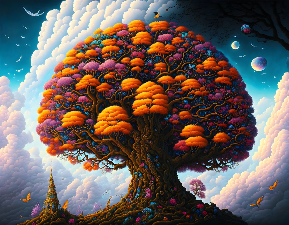 Whimsical orange tree with fantastical clouds, planets, temple, and birds.