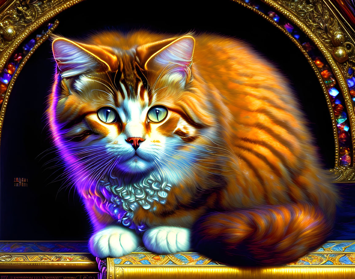 Digital artwork: Orange tabby cat with blue eyes & pearl necklace in ornate golden frame