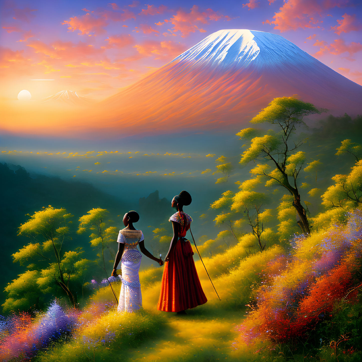 Traditional attire individuals amidst vibrant flora with Mount Fuji view