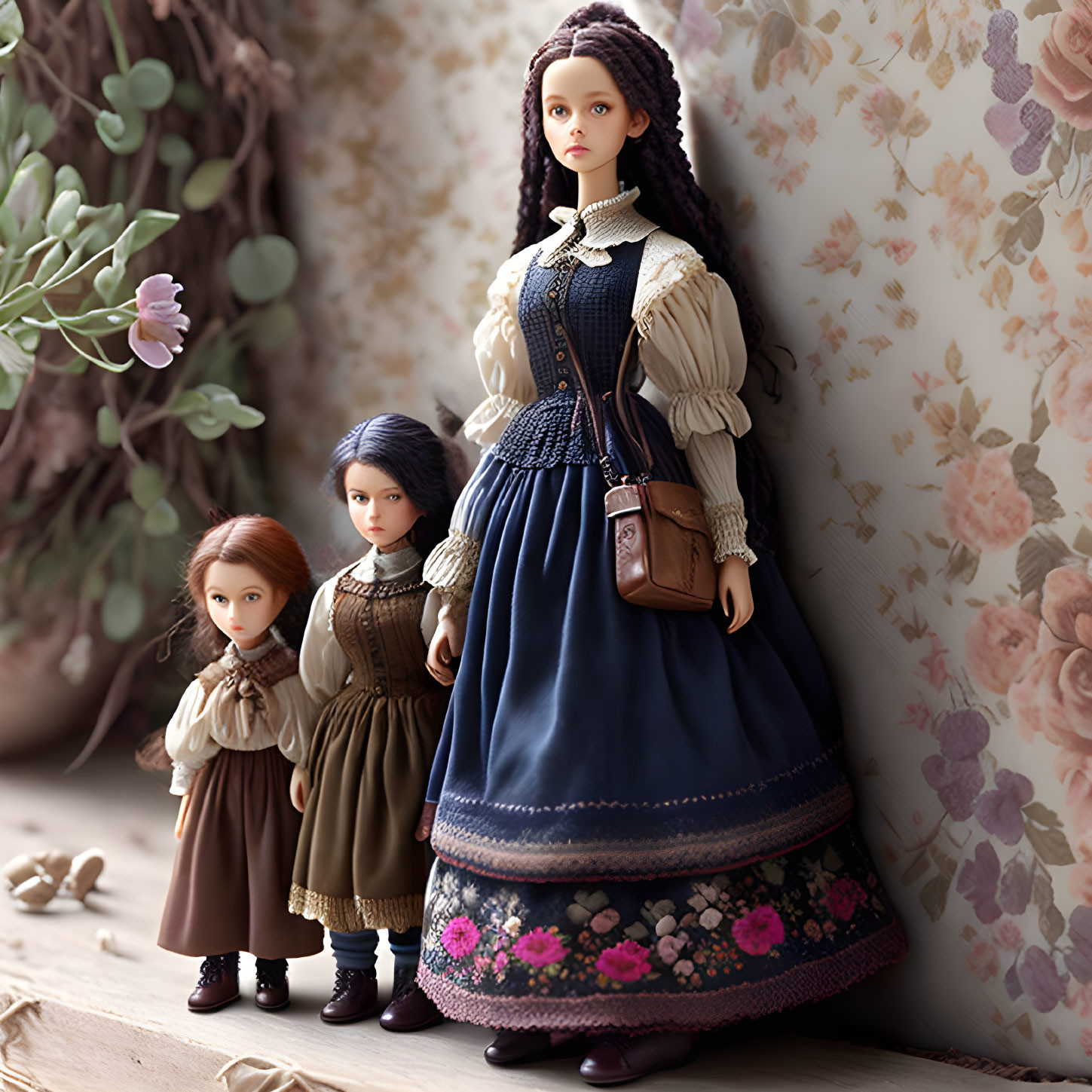 Three Vintage-Style Dolls in Period Dresses and Bonnets on Floral Background