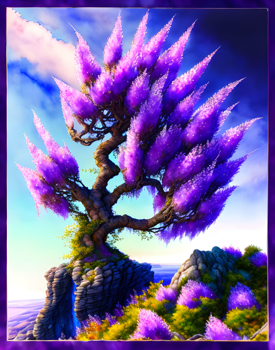 Colorful Fantasy Artwork: Radiant Purple Tree on Rocky Cliff