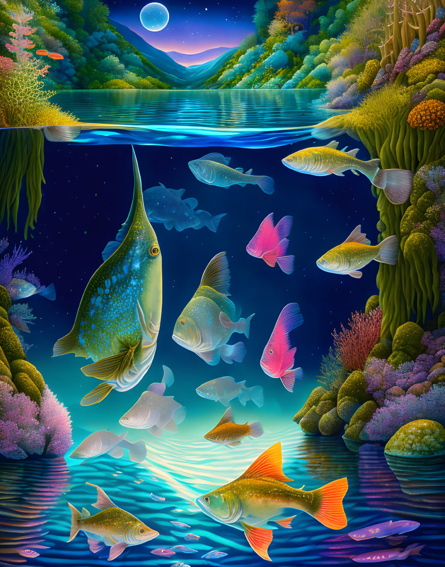 Colorful Underwater Scene with Fish, Coral, Plants, Moon, and Starry Night Sky