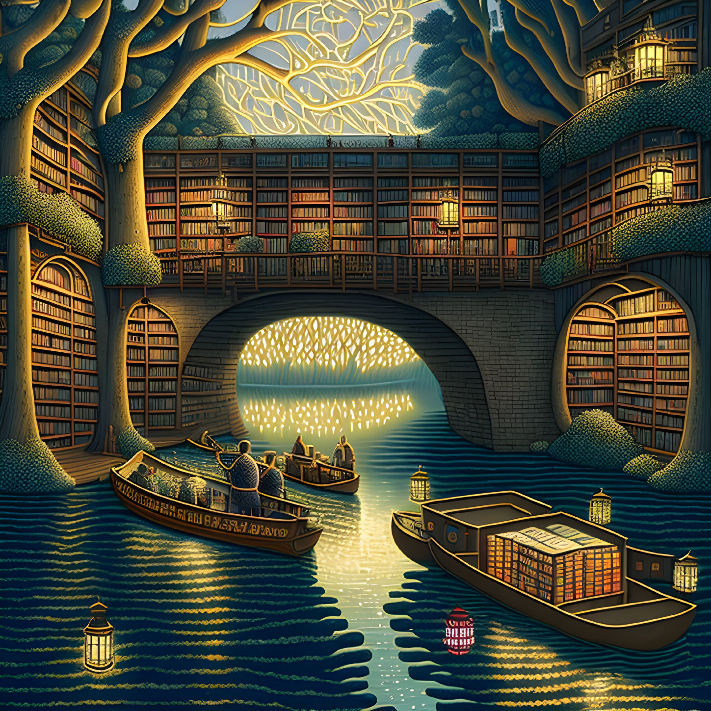 River library scene with boats, glowing tree, and bookshelves under bridge