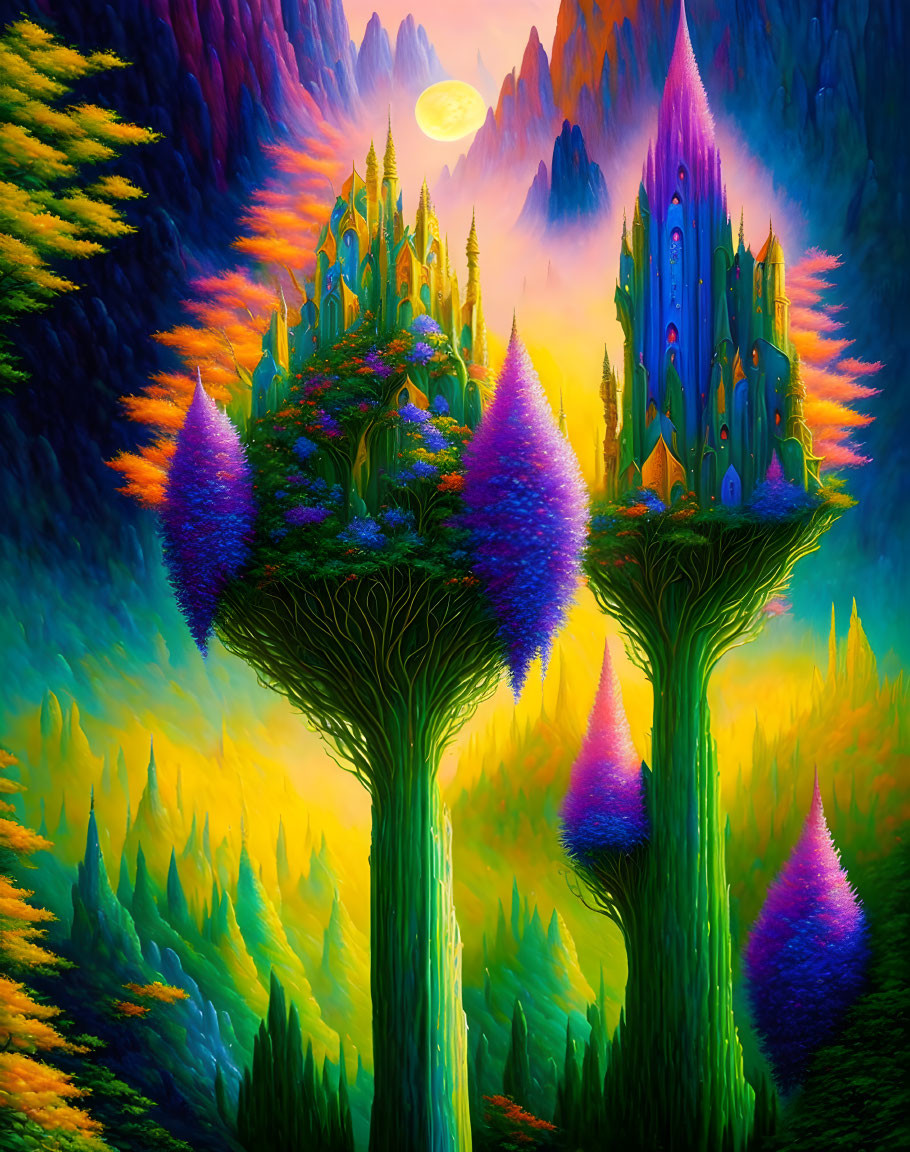 Colorful fantasy landscape with towering trees under a glowing moon