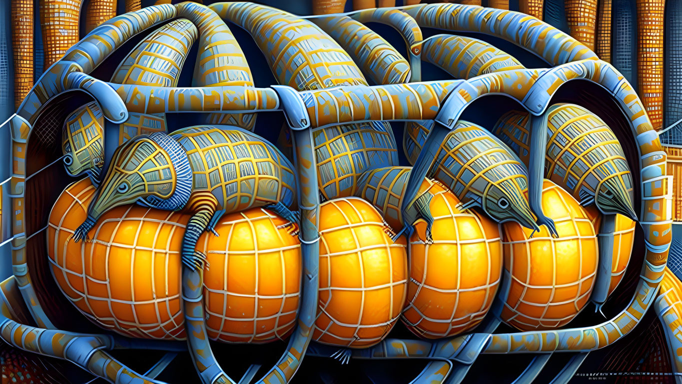 Metallic Snakes with Building-Like Patterns Around Orange Spheres Amid Cylindrical Structures