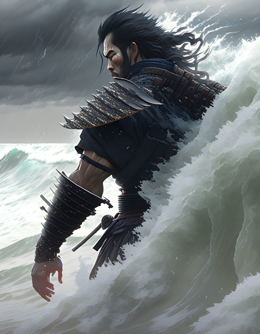 Traditional armored warrior braves stormy seas with billowing hair and cloak
