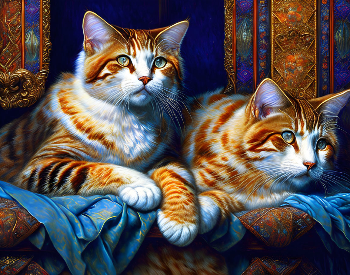 Vibrantly colored orange tabby cats against ornate blue and gold background