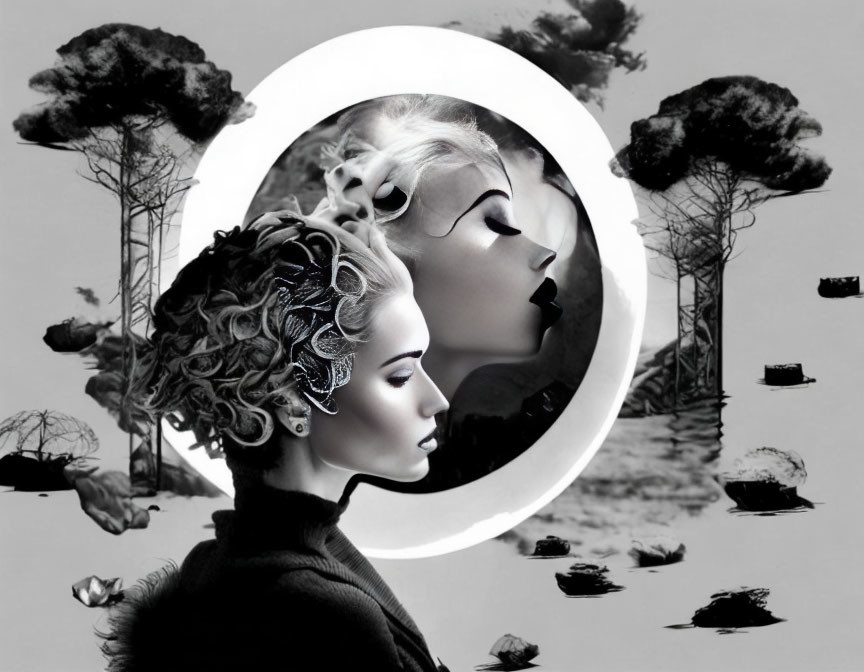 Monochrome profile image of woman with intricate hair, mirrored by another figure amidst floating trees and islands in