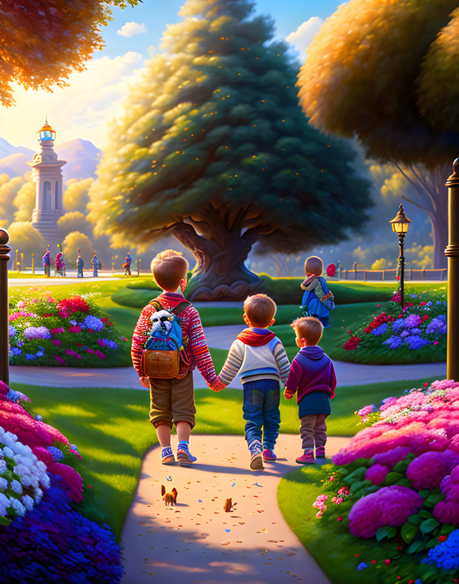 Children walking down flower-lined path towards tree and monument in warm sunlight.