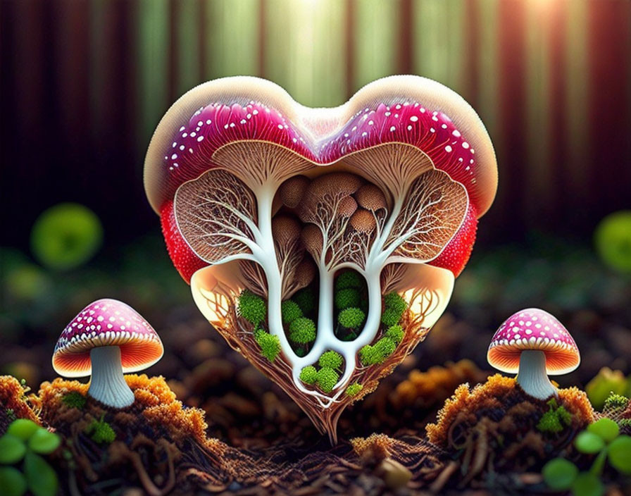 Whimsical heart-shaped mushroom forest in soft lighting