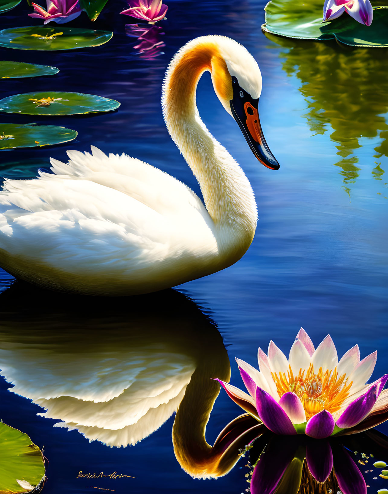 Graceful Swan on Tranquil Blue Lake with Water Lilies and Lotus Flowers