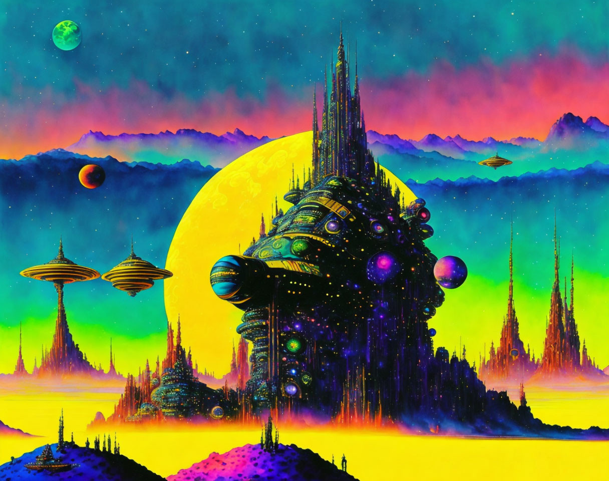 Futuristic sci-fi landscape with yellow moon, cities, flying vehicles