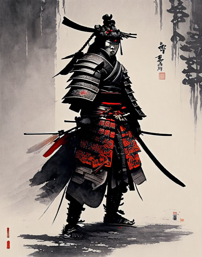 Japanese Samurai Warrior in Armor with Sword and Calligraphy Background