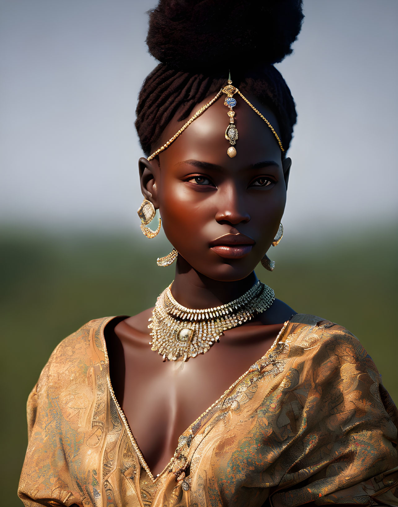 Striking facial features on elegant woman in golden attire