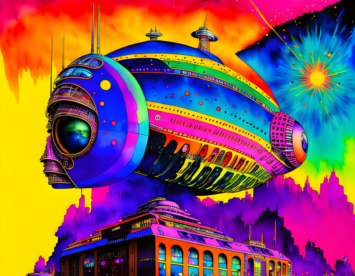 Colorful Psychedelic Spaceship Illustration with Cityscape and Stars