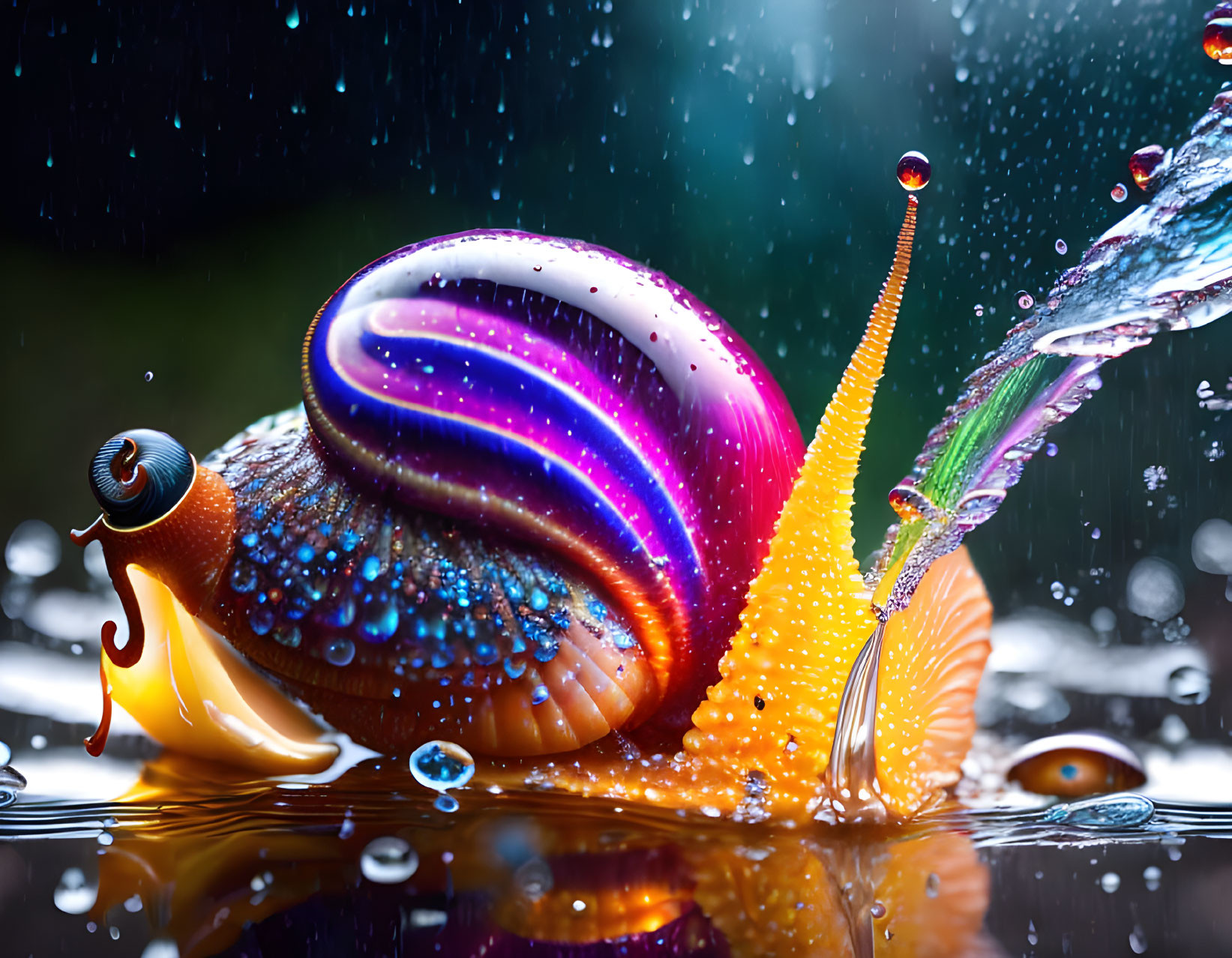 Colorful Snail Artwork with Water Droplets on Dark Background