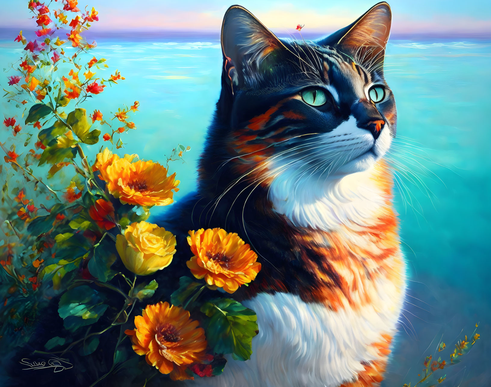 Vibrant Cat Illustration with Blue Eyes and Floral Surroundings