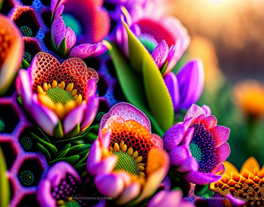 Colorful flowers with intricate patterns in vibrant close-up.