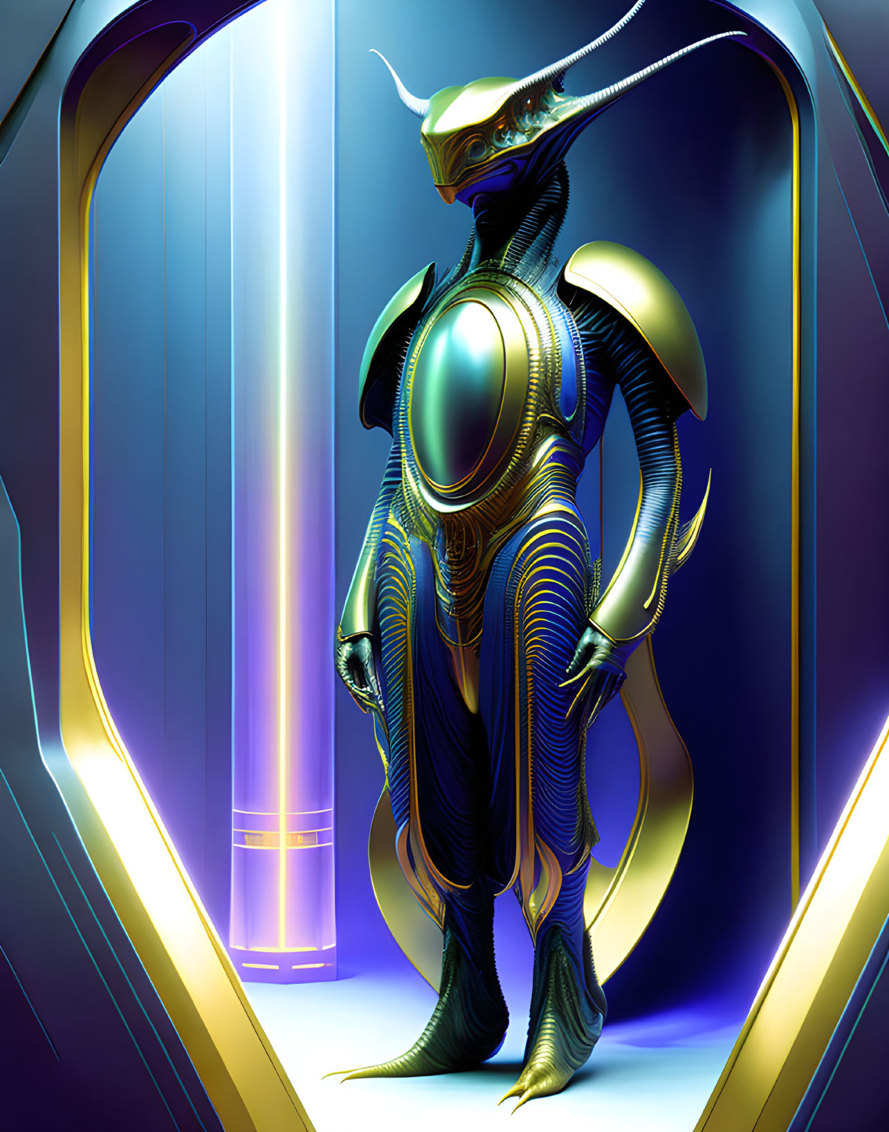 Futuristic warrior in intricate alien armor in neon-lit chamber