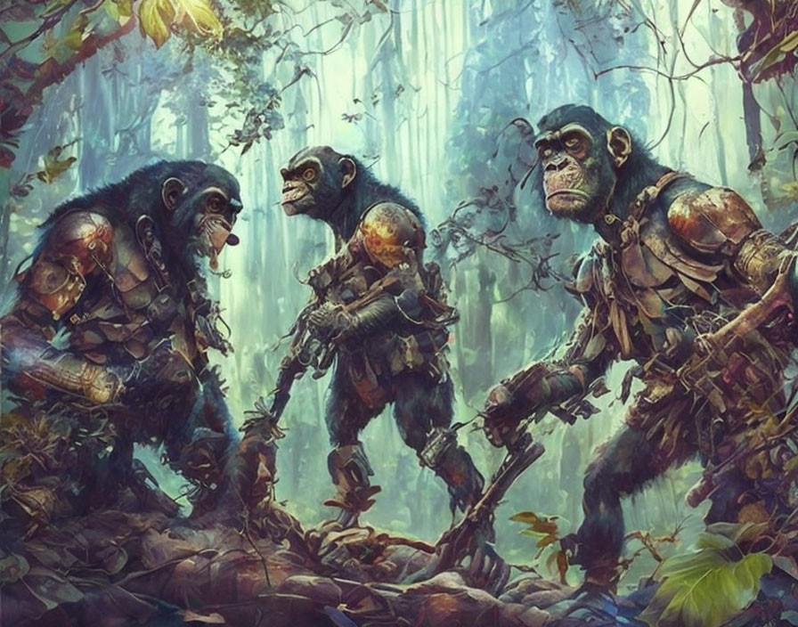 Armored chimpanzees in misty forest, one standing, one sitting