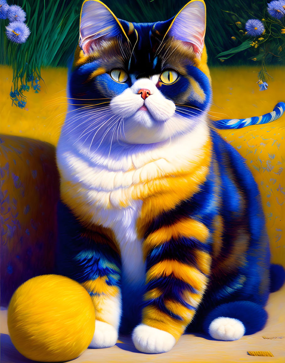 Colorful Plump Cat with Yellow Ball on Blue Flower Background