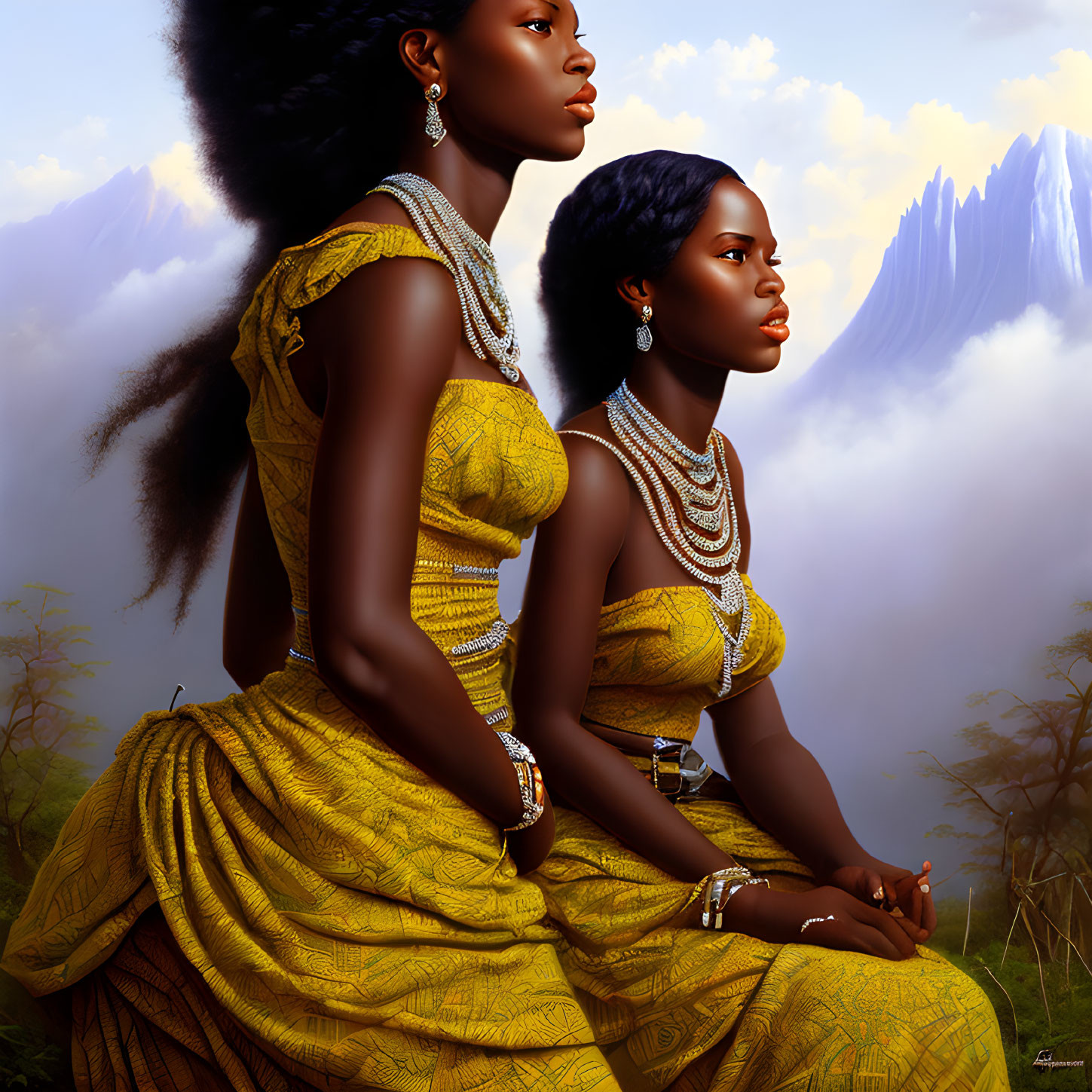 Two Women in Yellow Dresses with Pearls in Fantasy Landscape