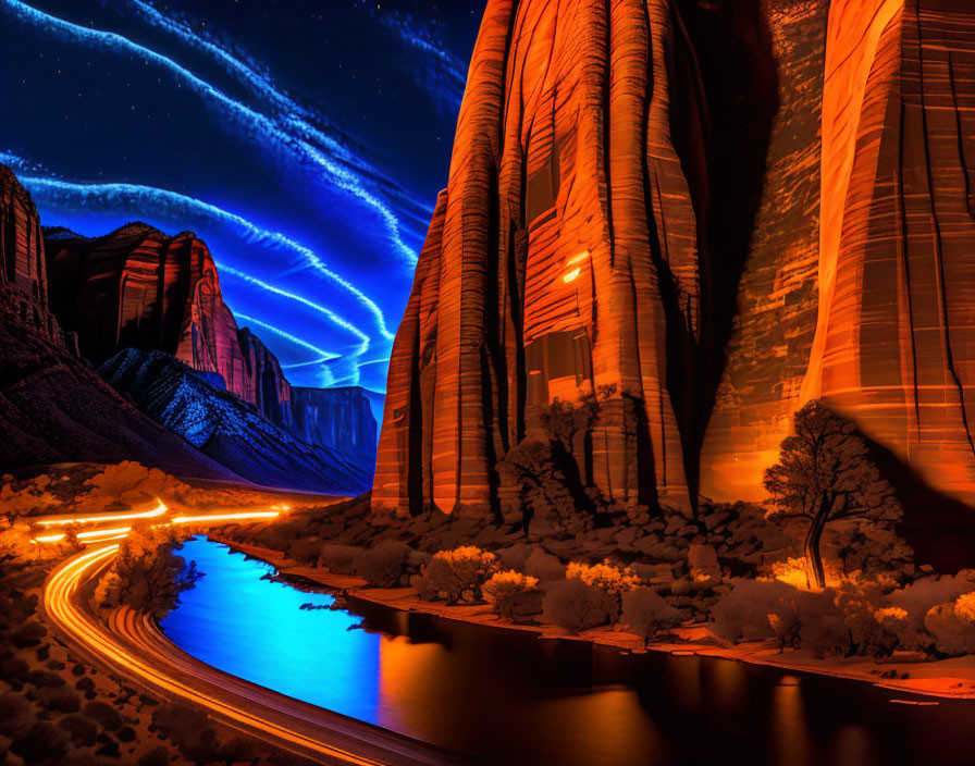 Night scene with illuminated rock formations, winding road, blue river, starry sky.