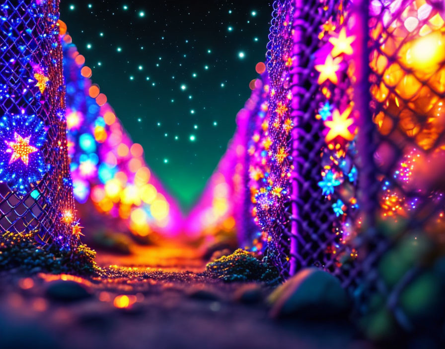 Night Scene with Star-shaped Lights and Sparkling Mesh Fences