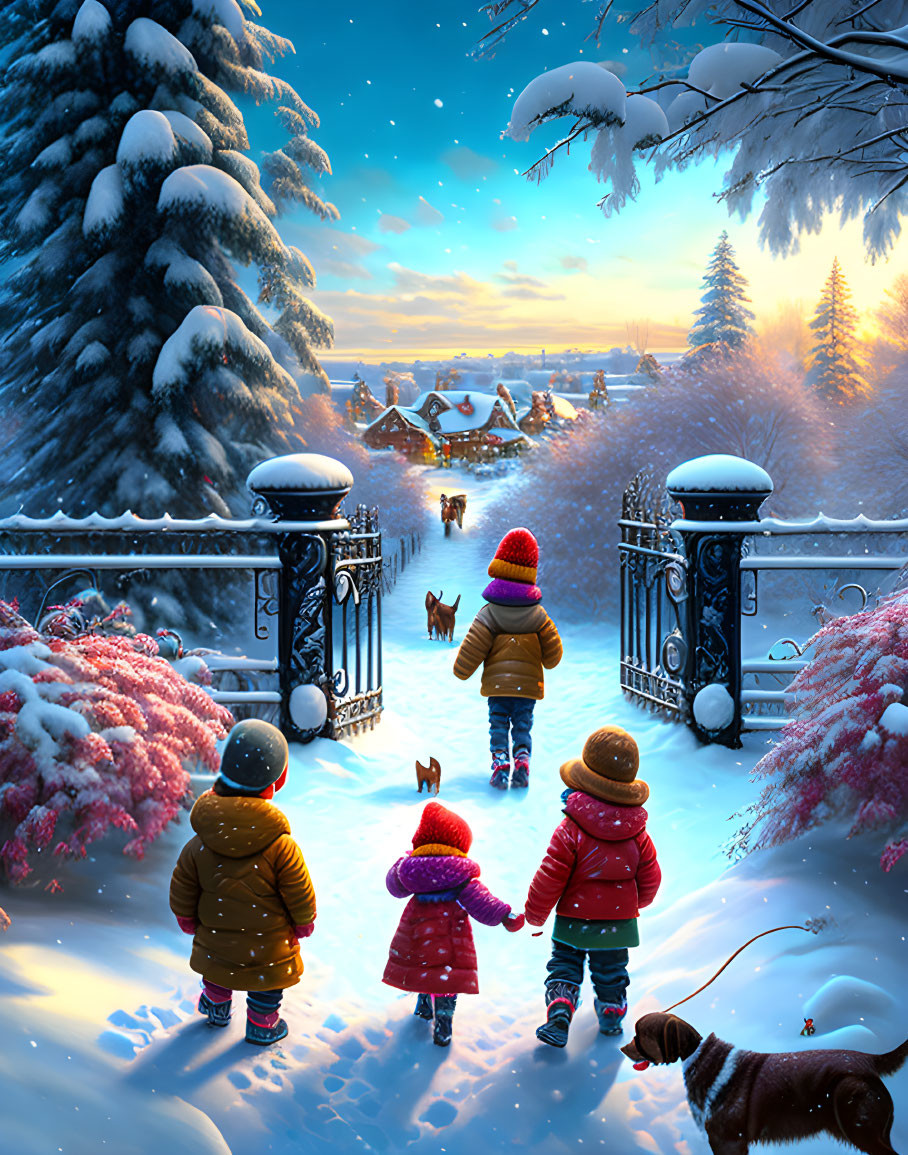 Children and dog walking in snow-covered village at sunset