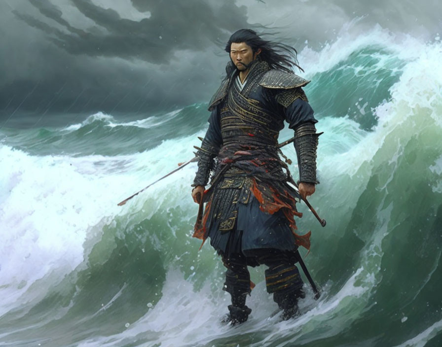 Stoic warrior in armor facing turbulent sea waves with swords