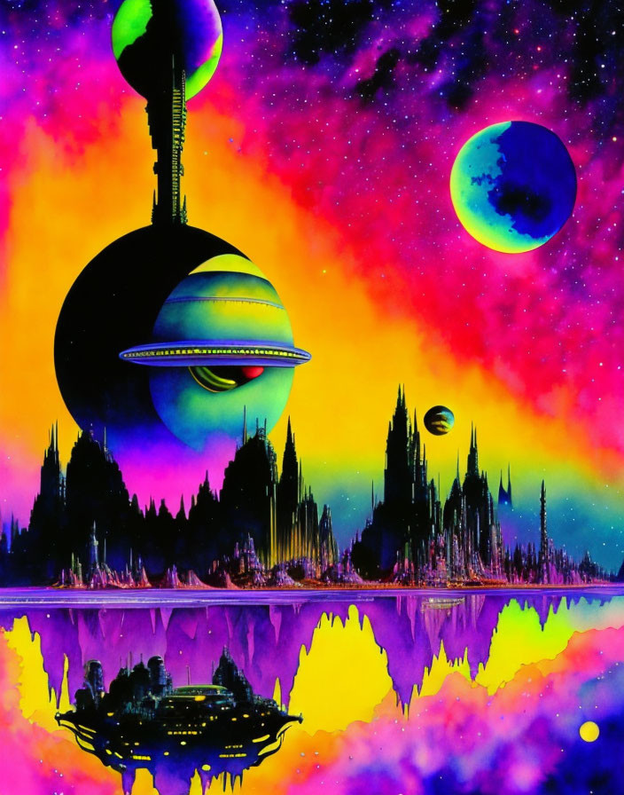 Colorful Sci-Fi Landscape with Planets and Futuristic Structures