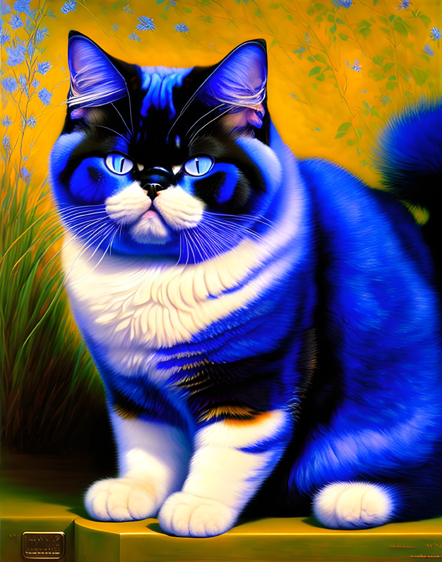 Colorful Digital Art: Plump Black and White Cat with Blue Eyes on Floral Background