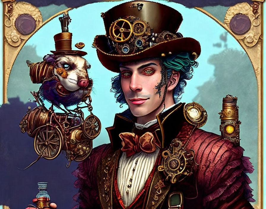 Steampunk-themed illustration with man in top hat, guinea pig in aviator gear, and