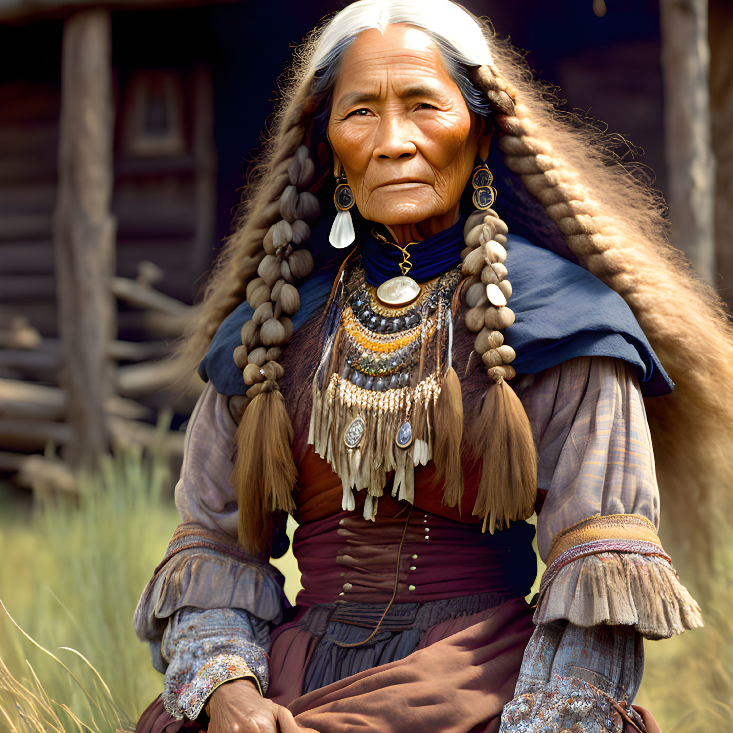 Elderly woman in traditional attire with braided hair and jewelry sitting outdoors