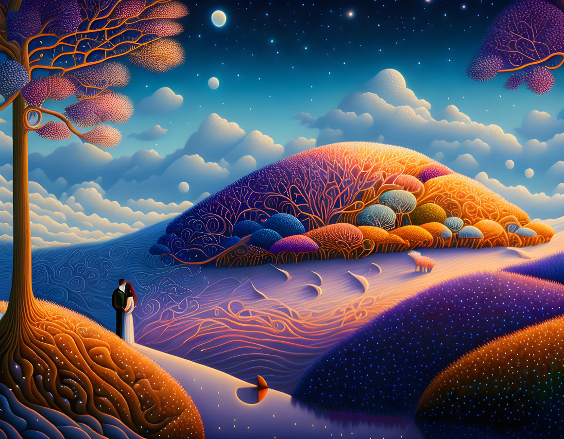 Whimsical landscape with colorful trees under starry sky