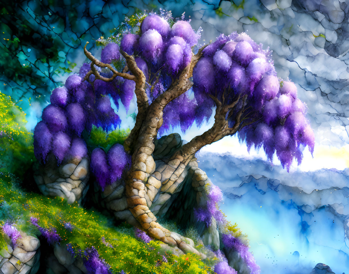 Colorful artwork of a whimsical tree on a cliff with purple foliage, mist, and yellow flowers