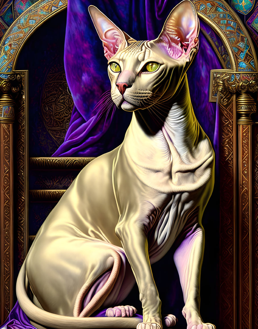 Regal sphynx cat on ornate throne with purple drapery