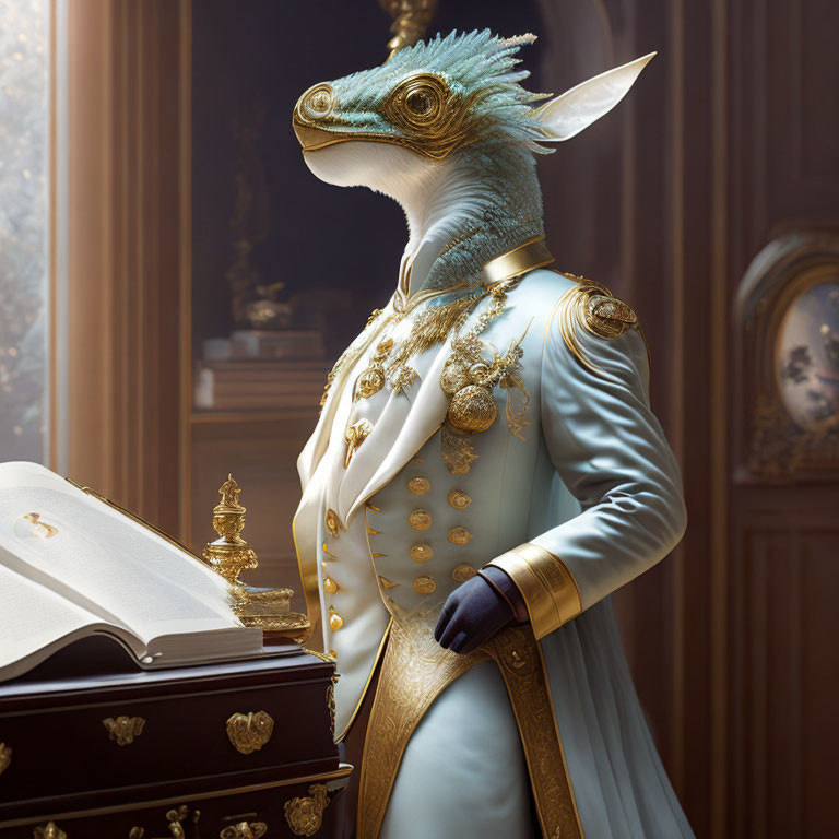 Anthropomorphic lizard in 18th-century naval uniform beside open book in stately room