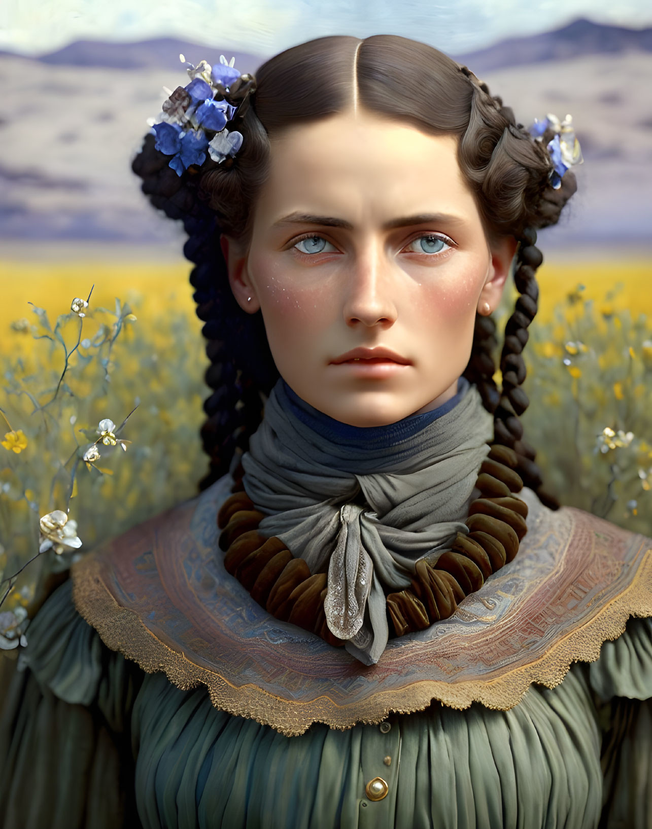 Portrait of woman with braided hair, blue flowers, ruffled collar dress, in floral field and