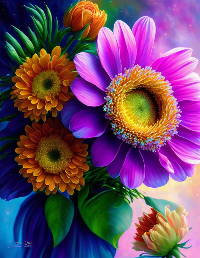 Colorful digital painting: Bouquet with purple, orange, white flowers on starry blue backdrop