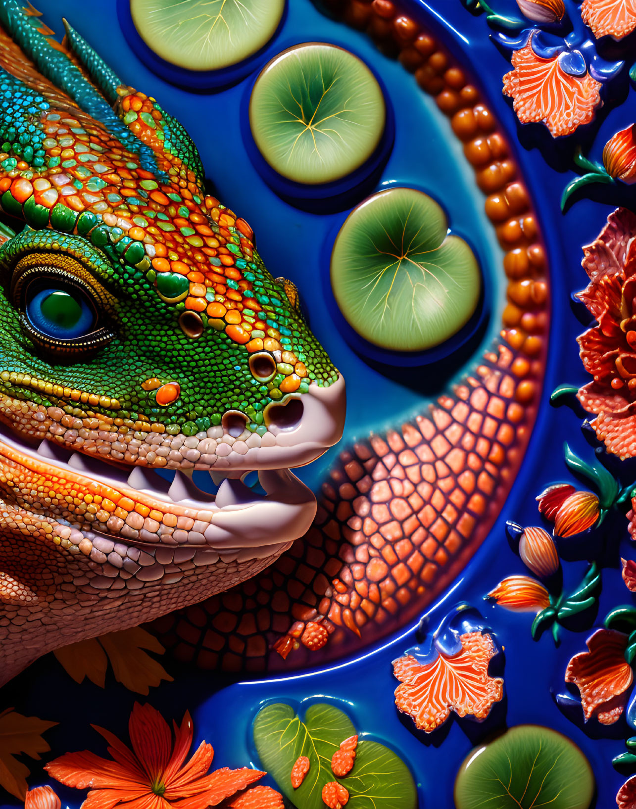 Detailed green dragon surrounded by lotus leaves and orange flowers on blue background
